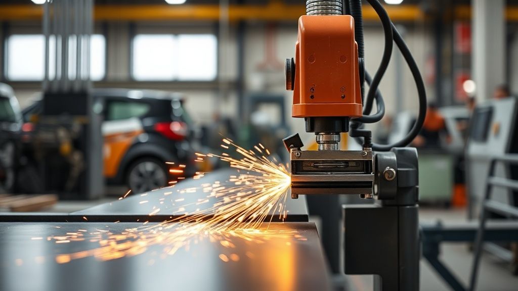 Industrieanlage schneidet Blech in einer Fertigungshalle
