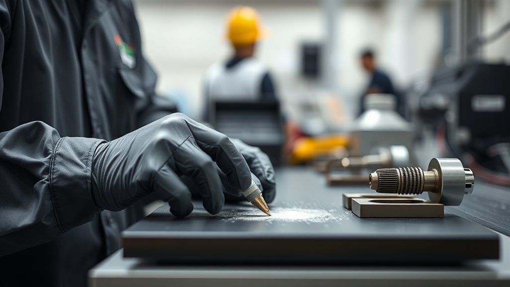 Prüfer misst ein Blechteil mit einem Messwerkzeug