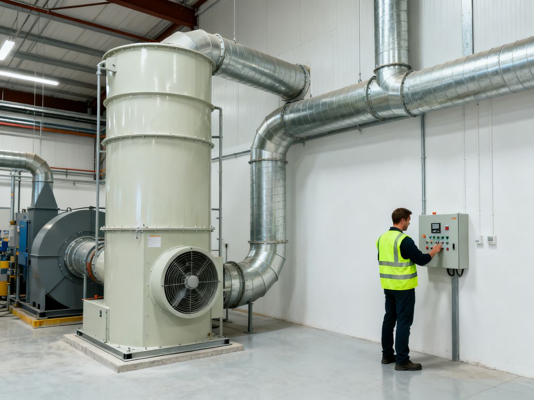 Zentrale Filteranlage mit Ventilator und Rohrnetz in einer Werkhalle